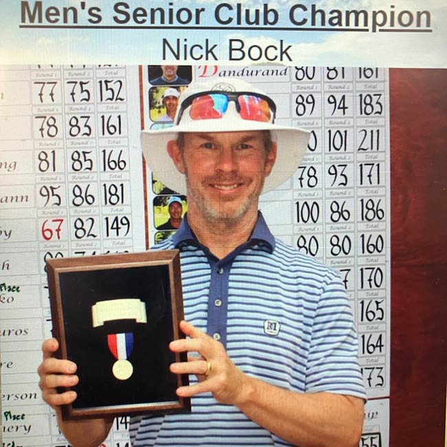 Nick Bock 2024 Martis Camp Senior Club Champion Holding Trophy