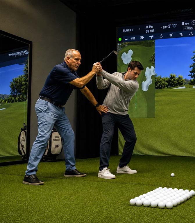 Orange County Golf Lesson Instructor John Burckle Adjusting a Students Swing During a Lesson
